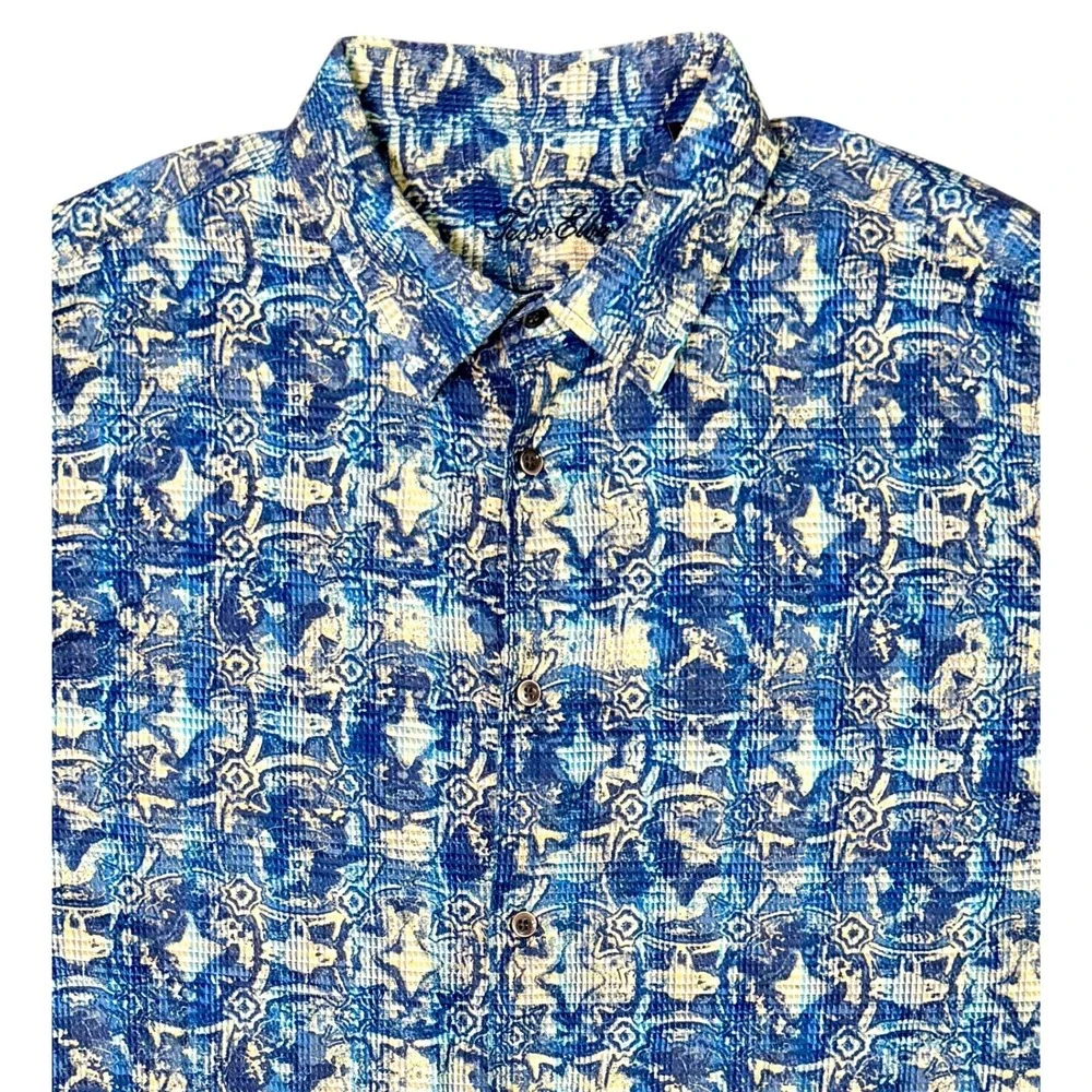 Tasso Elba Men XXL Blue Geometric Print Textured Cotton Short Sleeve Button Down